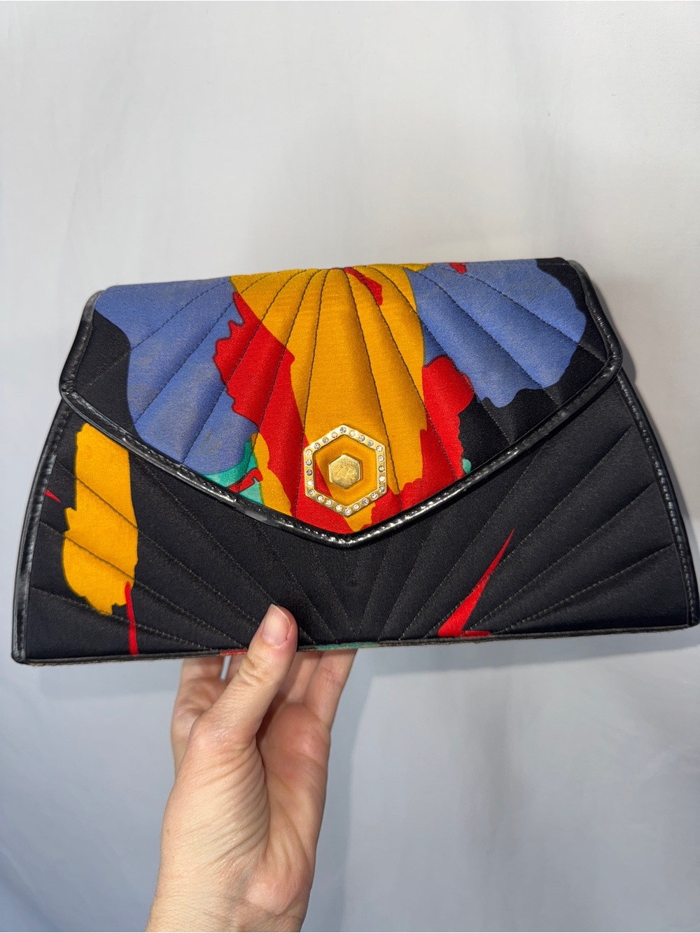 Revillon Vintage Silk Colorblock Quilted Envelope Clutch in Black, Mustard & Red